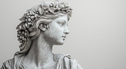 Marble Statue of Goddess Clio with Wreaths and Grape Leaves, Against a White Wall. AI generated illustration