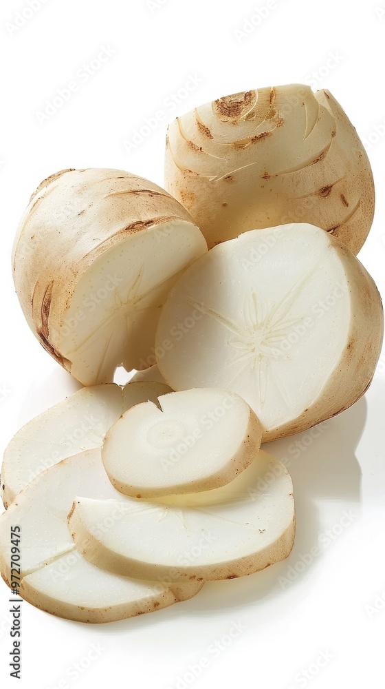 Poster freshly sliced jicama displayed on a clean surface, highlighting its crisp texture and natural color