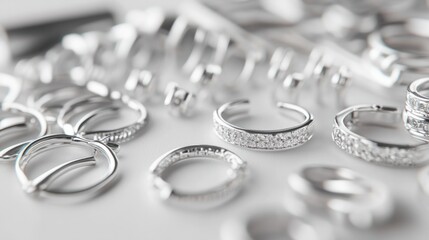 Silver earrings and bracelets arranged on a white background, emphasizing their shiny, reflective surfaces