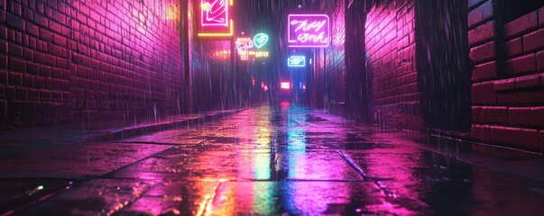 A vibrant, neon-lit alleyway reflected on wet pavement, capturing a moody urban atmosphere at night.