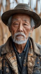 A Chinese old farmer, with a white wall in the background