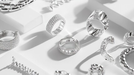 Silver earrings and bracelets arranged on a white background, emphasizing their shiny, reflective surfaces