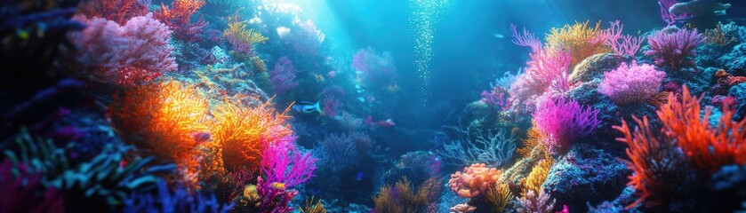 Naklejka premium Vibrant underwater coral reef teeming with colorful marine life and illuminated by sunlight filtering through the ocean surface.