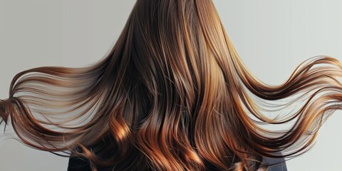 Beautiful long hair flowing gracefully against a neutral background, emphasizing natural texture and movement captured in soft, warm lighting during a creative styling session