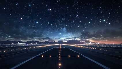 A starry night sky above an empty airport runway.