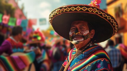 Fototapeta premium A man in traditional attire stands proudly during a lively cultural celebration in Mexico, showcasing vibrant colors and intricate patterns on a sunny afternoon