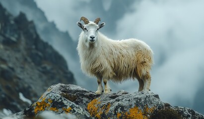 Fototapeta premium Mountain Goat on Rocks with Foggy Background, Cinematic Documentary-Style Photography. AI generated illustration