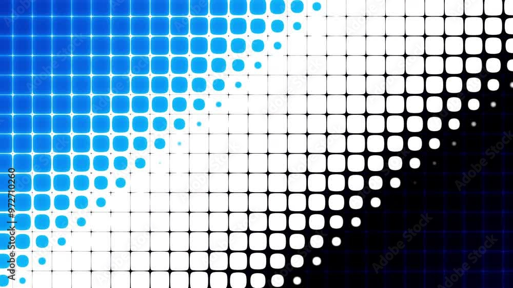 Poster 4k Looping Abstract dynamic with white dots squares. Motion modern animation. Trendy wavy banner template. Texture halftone dots pattern. Dotted