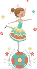 ballerina on a ball surrounded by flowers. Vector illustration