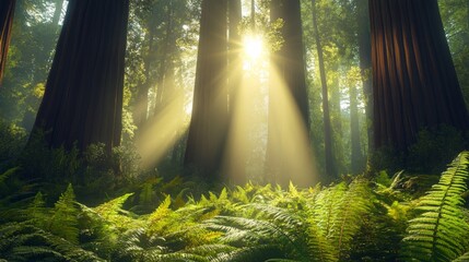 Fototapeta premium Sunlight streams through towering trees in a lush forest, illuminating ferns and undergrowth in a serene natural landscape during late afternoon