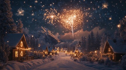Naklejka premium Fireworks lighting up the night sky over a snowy village, with houses decorated for the New Yearâ€™s Eve celebration. 4K hyperrealistic photo.