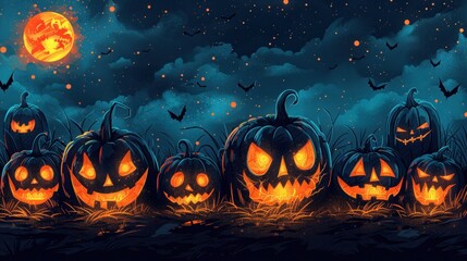 Fototapeta premium A spooky Halloween night filled with glowing jack-o'-lanterns under a haunting moon and swirling bats. Generative AI