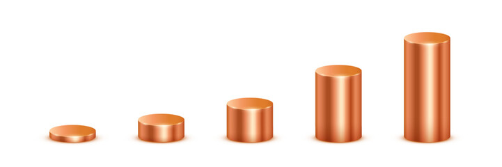 Bronze metal 3d cylinder vector illustration set. Realistic copper pedestal podiums of circle geometric shape stand with perspective, blank circular platform or stage for product, diagram graph.