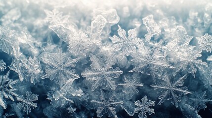 Snowflakes arranged in a precise, repeating pattern on a frosty window, with each flake unique yet part of a larger geometric design. 4K hyperrealistic photo.