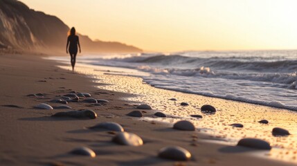 A person walking along the rocky beach at sunset, with gentle waves lapping against the shore and cliffs in the background
