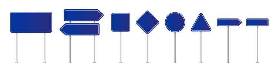 Road traffic signs of different shapes on metal poles vector illustration set. 3d realistic blue blank street signboards. Isolated empty roadside signposts to notice information, danger, guide. © Mariquita vector