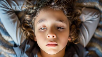 Fototapeta premium A young child peacefully sleeping with curly hair on a cozy blanket