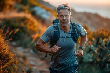 Fototapeta premium A man enjoys an invigorating run along a scenic coastal trail during sunset, surrounded by vibrant flora and breathtaking ocean views in a serene outdoor setting