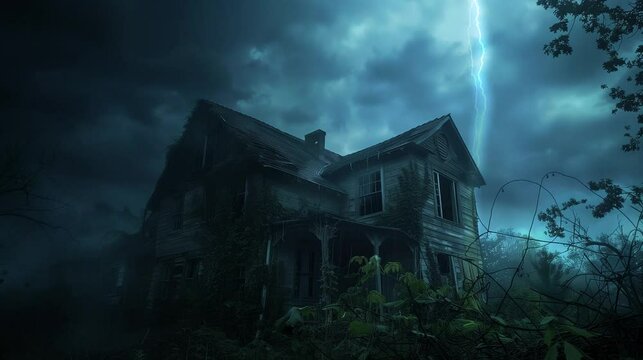 Old abandoned house illuminated by lightning at night