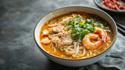 Malaysian Hawker Stall with a Bowl of Laksa