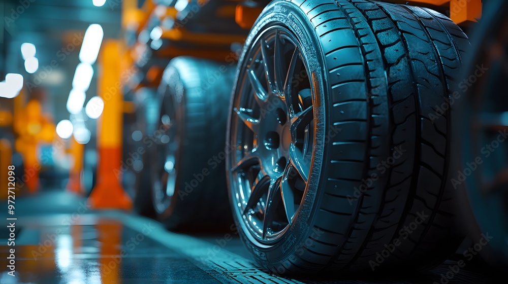 Wall mural Bright car tires stacked in an auto service center, focusing on detailed tread patterns and glossy surfaces within a clean workshop environment for automotive photography.