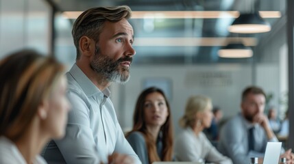 A group of professionals engages in a serious discussion during a meeting in a modern office setting, focusing on collaboration and decision-making in the afternoon
