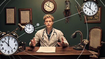 Doctor Discussing Health Topics in a Vintage Office With Clocks Generative AI
