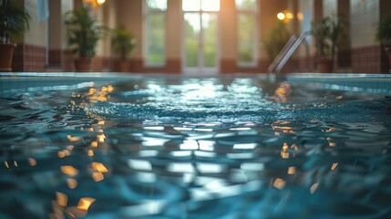 Serene indoor swimming pool with gentle ripples reflecting warm light during a tranquil afternoon. Generative AI