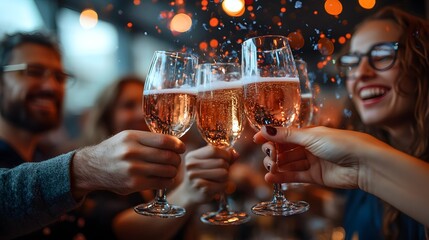 Group of employees toasting and laughing at a New Year celebration in a bright, modern office.