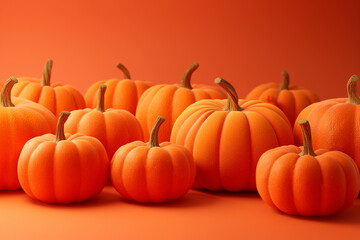 A harmonious composition featuring a collection of Halloween orange pumpkins set against a rich, orange background