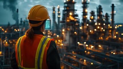 An engineer wearing a yellow hard hat and orange safety vest overlooking an oil refinery, enhanced by a futuristic holographic interface for a digital transformation perspective.
