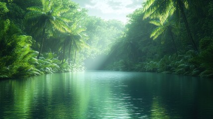 Fototapeta premium Serene river flowing through a lush, tropical rainforest.