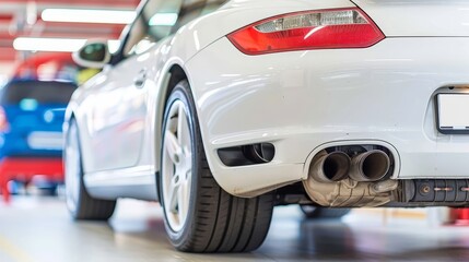Obraz premium White Sports Car Undergoing Maintenance Detailed View of the Dual Exhaust, Rear Bumper, and Tire.