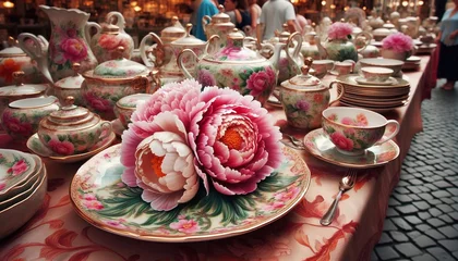 Fototapete Pfingstrosen italienische Töpferware mit einem Pfingstrosen Motiv auf einem Kunstmarkt in Italien  © Yvonne Bogdanski