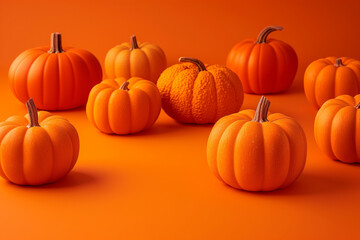 A minimalistic and striking scene of several Halloween orange pumpkins arranged on a vivid orange background