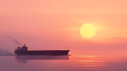 Obraz premium quiet cargo ship drifts slowly across the horizon, the sky a soft blend of peach and lavender tones