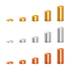 Fototapeta premium Gold, silver, bronze metal 3d cylinder vector illustration set. Realistic pedestal podiums of circle geometric shape stand with perspective, blank circular platform, stage for product, diagram graph.