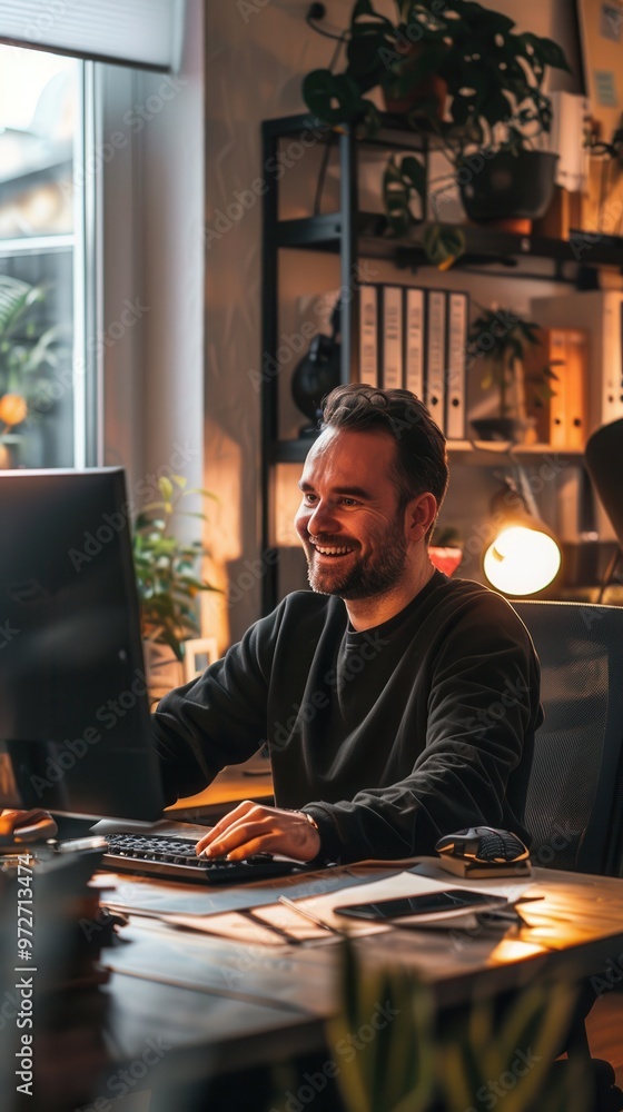 Leinwandbilder a man is sitting at a desk with a computer and smiling
