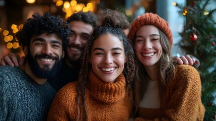 A diverse group of men and women smiling joyfully, arms around each other, celebrating at a Christmas party.
