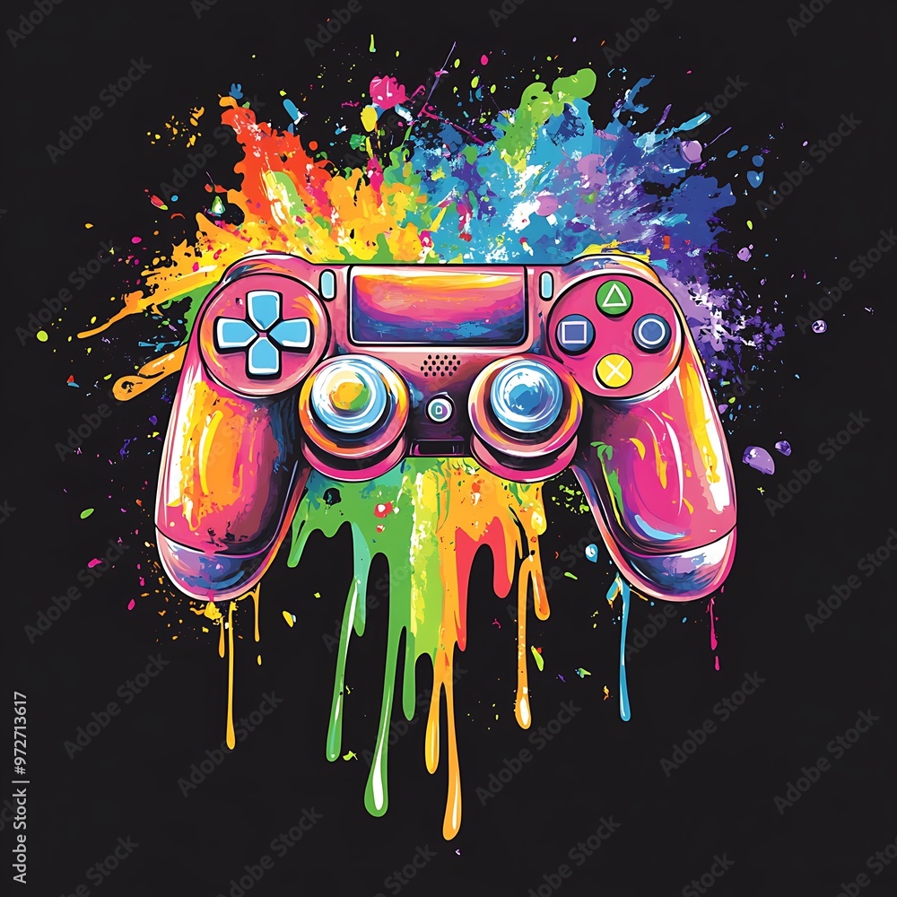 Poster a pink video game controller with colorful paint splatter