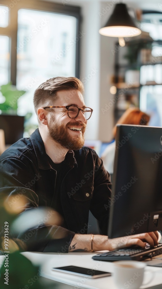 Fototapete A man with glasses is smiling and typing on a computer