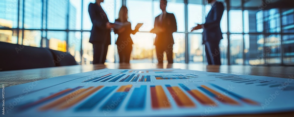 Poster close-up of business charts and graphs on a table with professionals discussing strategies in the ba