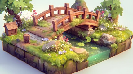 Wooden Bridge Over Stream in Miniature Garden