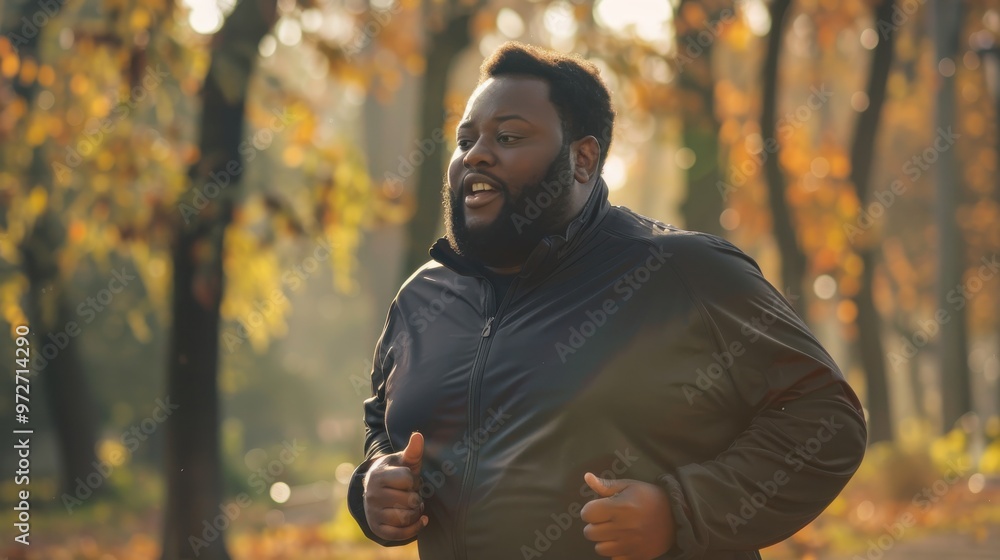 Poster a man with a beard and a black jacket is running in a park