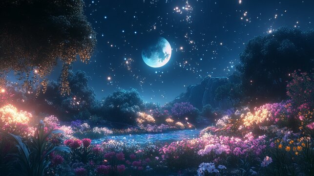 Under a brilliant starry sky, this enchanting image captures a beautiful garden filled with blossoming flowers, illuminated by the gentle glow of the moon and stars.
