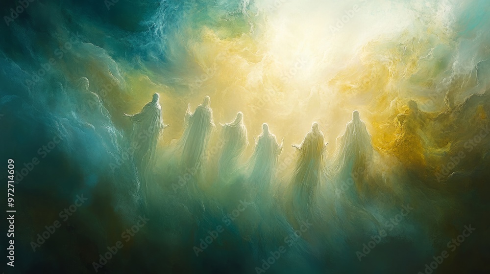 Poster ethereal figures emerging from luminous clouds during twilight, symbolizing spiritual journey and tr