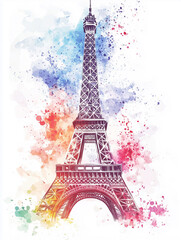 Watercolor Illustration of the Eiffel Tower in Paris with Detailed Artistic Lines and Soft Pastel Colors, Featuring the Iconic French Landmark in a Dreamy and Elegant Design for Creative Backgrounds o