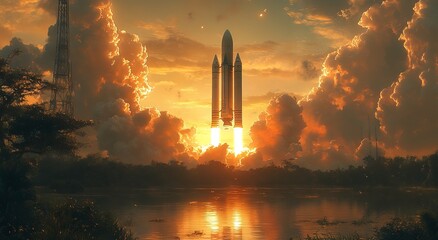 Epic Rocket Launch with Lush Greenery and Reflected Sunlight - AI generated illustration