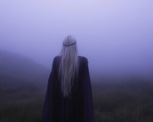 This picture shows a blonde girl running in a thick fog. She is wearing a long train dress with a raincoat and a frightened expression. The photo is taken from the back without a face. Fine art