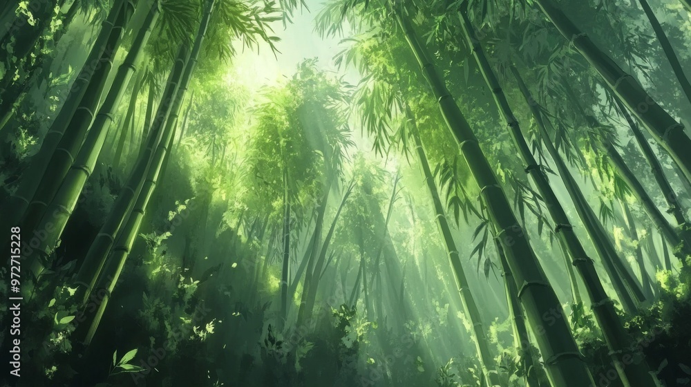 Poster sunlight streams through a dense bamboo forest, creating a dappled light effect on the green foliage